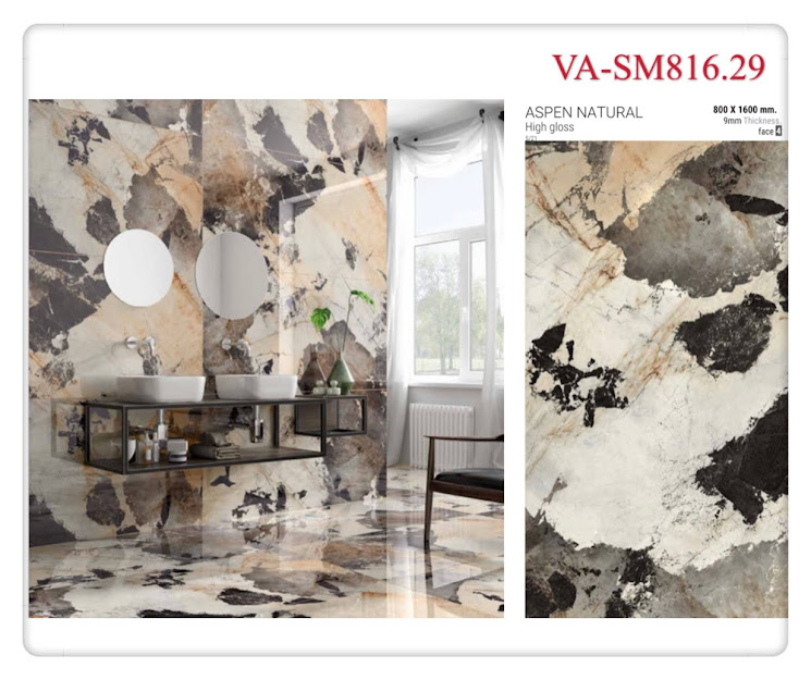 Gạch nhập khẩu Ấn Độ 80x160cm vân đá đen trắng vàng SM29