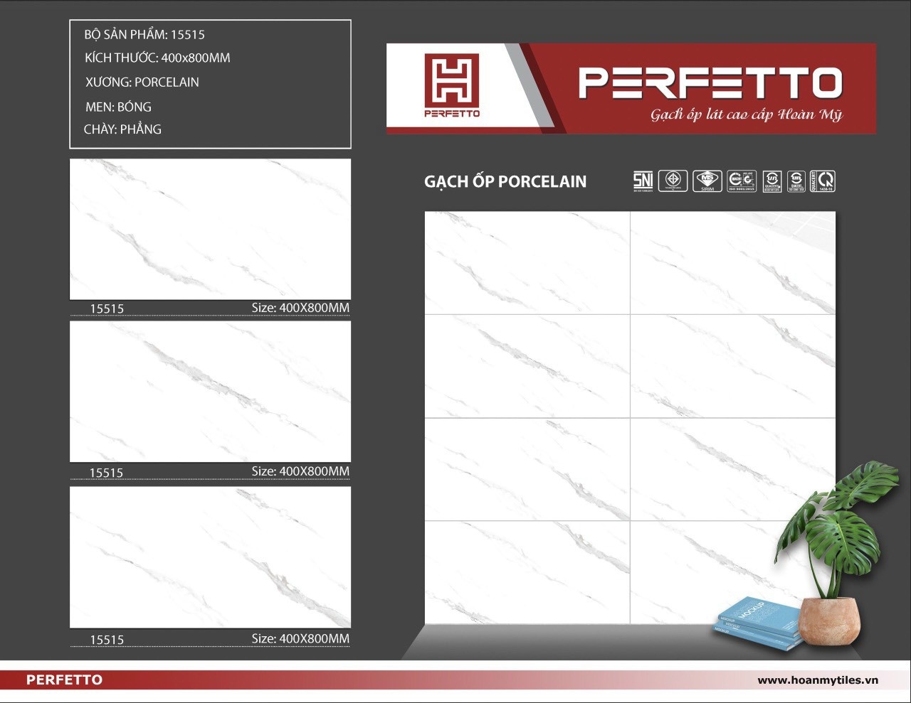 Gạch ốp lát 40×80 Hoàn Mỹ Perfetto vân khói 15515